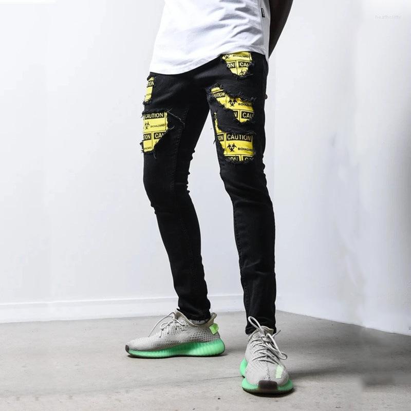 

Men' Jeans Hole Taped Slim Fit Denim Scratched Men Stretchy Ripped Skinny Biker Embroidery Print Destroyed High Quality JeanMen' Heat22, Black