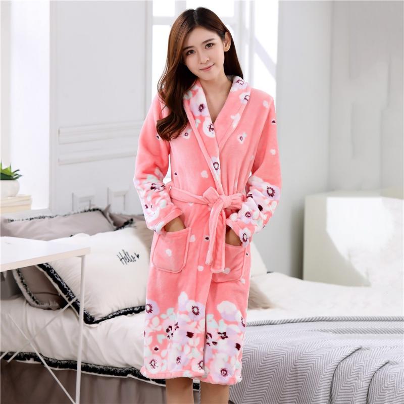 

Women's Sleepwear Women Winter Warm Nightdress Soft Flannel Kimono Bathrobe Gown Print Intimate Lingerie Coral Fleece Home ClothesWomen's, Style 7