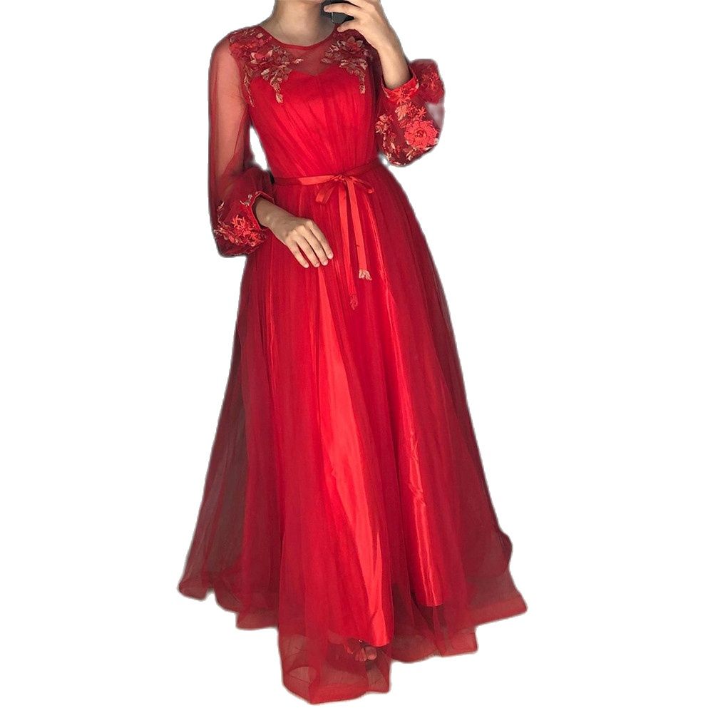 

2022 Red Flowers Prom Dresses Long Puff Sleeves Dubai Evening Gowns A Line Tulle Formal Party, Gray
