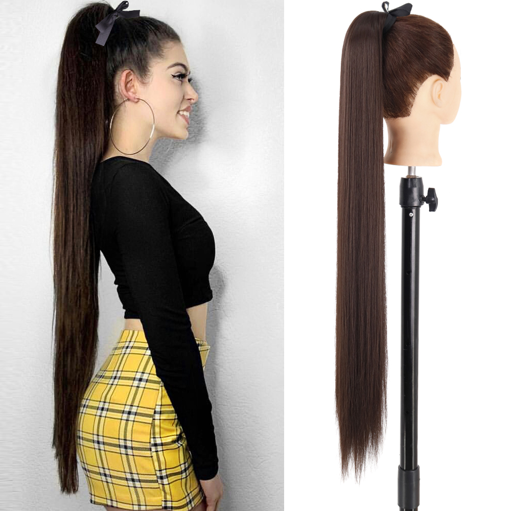 Costume Accessories 34Inch Synthetic Long Straight Ponytail Wrap Around Ponytail Clip in Hair Extensions Natural Hairpiece Fake Hair Black B-image-773030977