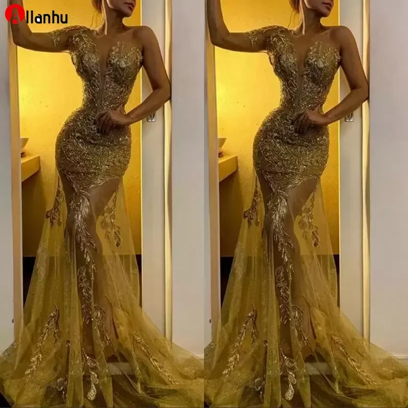 

2022 New Gold One Shoulder Prom Dresses Lace Sheer Skirt Long Sleeves Prom Dress Zipper Back Plus Size Formal Party Gowns VOG343, Black