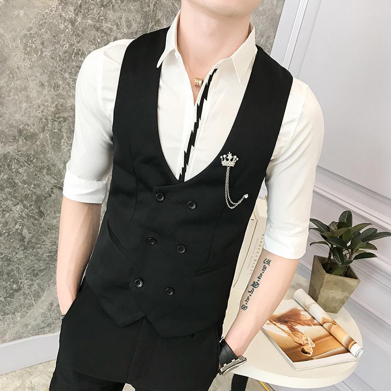 

Spring Men's Casual Vest Fashion Nightclub Work Sleeveless Double Breasted Uniform Waistcoat Suits Slim Gilet Homme Vests, Black