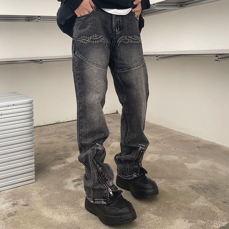 

High Street Washed Embroidery Zipper Denim Pants for Men Distressed Elastic Waist Straight Baggy Casual Jeans