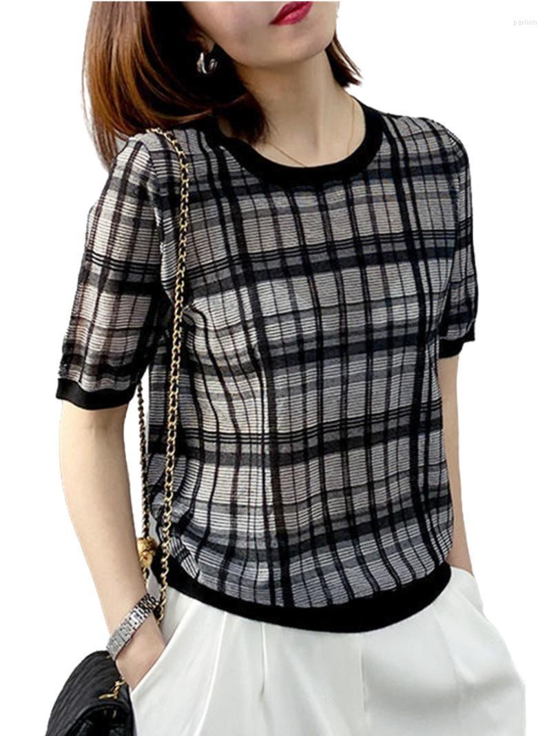 

Women's Blouses & Shirts Women Spring Summer Lady Fashion Casual Short Sleeve O-Neck Collar Lattice Stripe Printing Blusas Tops WY0701Women', Black