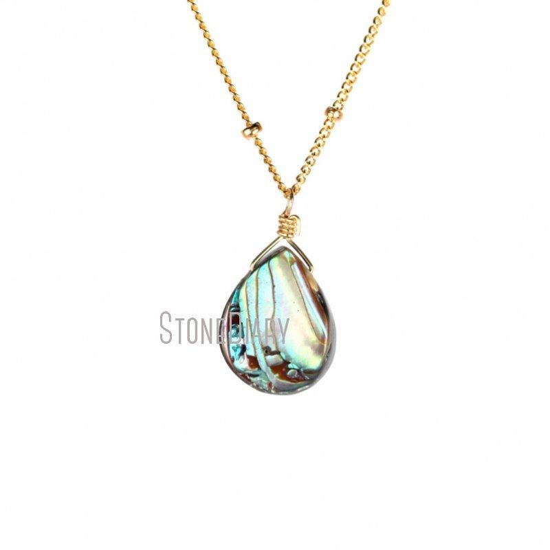 

Pendant Necklaces Abalone Shell Teardrop Necklace Wire Wrapped 14k Gold Vermeil Bohemian Boho JewelryPendant