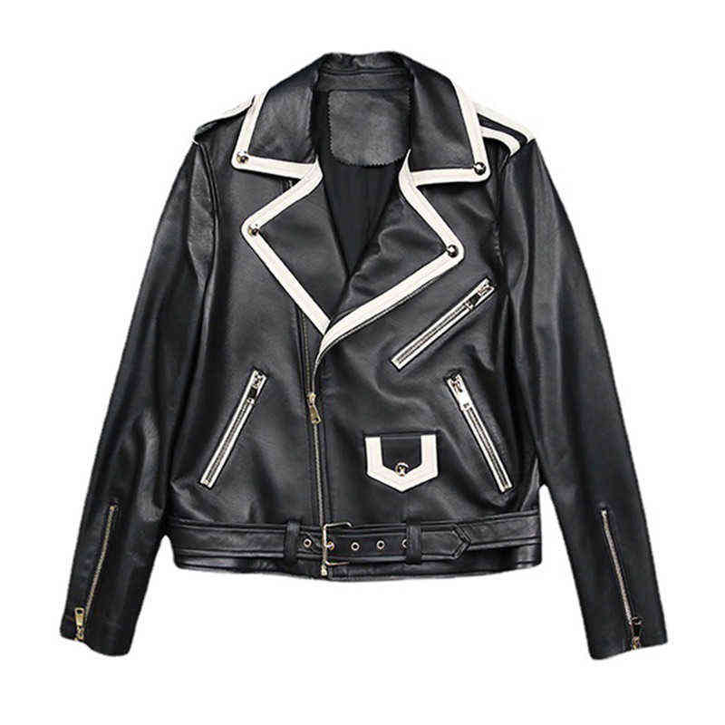 

2022 New Design Real Sheepskin Leather Jackets Rivet Motorcycle Jacket Women Real Leather Coat Turn Down Collar TF4773 J220727, Black