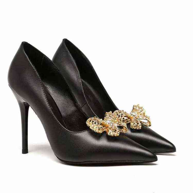 High heels women's 2022 Medusa spring and autumn new bow fashion shallow mouth leather pointed thin heel shoes