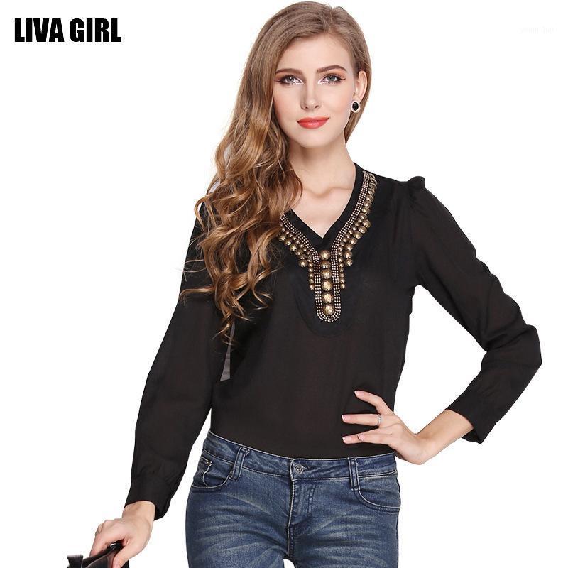 

Women' Blouses & Shirts Ladies Office Beading V Ncek Long Sleeve Chiffon Blouse Women Summer Autumn Tops Roupa Feminina Ey*, Black