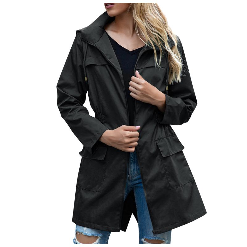 

Women' Jackets Women Hooded Waist Jacekt Coat Zipper Rainproof Outdoor Coats Jacket Mountaineering Solid Pocket Long JacketWomen, Black