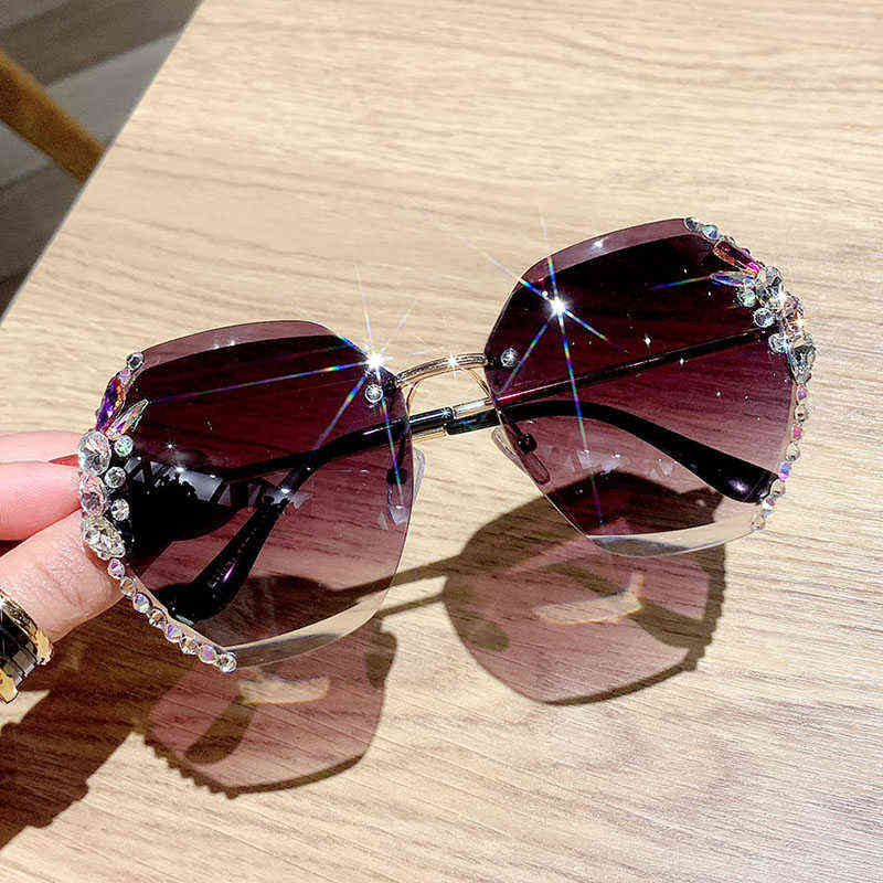 

2022 Fashion Vintage Rimless Rhinestone Sunglasses Women Cutting Lens Gradient Diamond Female Sun Glasses Oculos De Sol Feminino Y220421