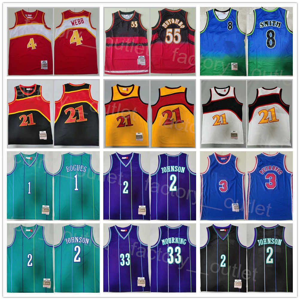 

Men Basketball Mitchell & Ness Drazen Petrovic Jersey 3 Retro Steve Smith 8 Dikembe Mutombo 55 Spud Webb 4 Alonzo Mourning 33 Larry Johnson 2 Tyrone Muggsy Bogues 1, Red