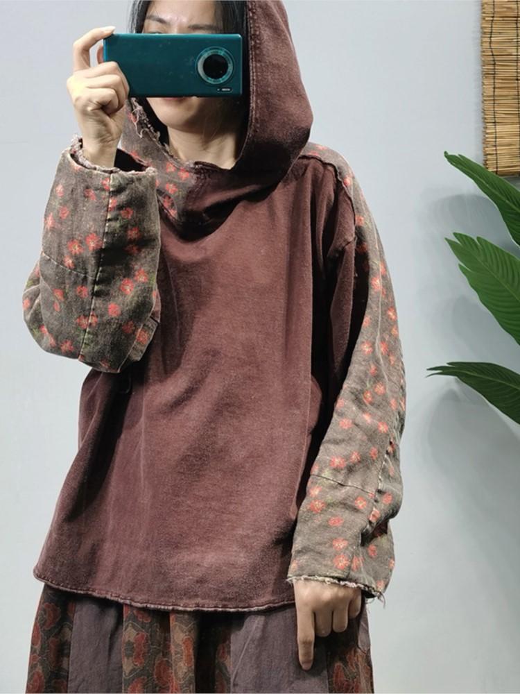 

Women's T-Shirt Spring Women Retro Hooded Spliced Loose Flax Tops Female Casual Vintage Pullovers T-shirtWomen's, Green