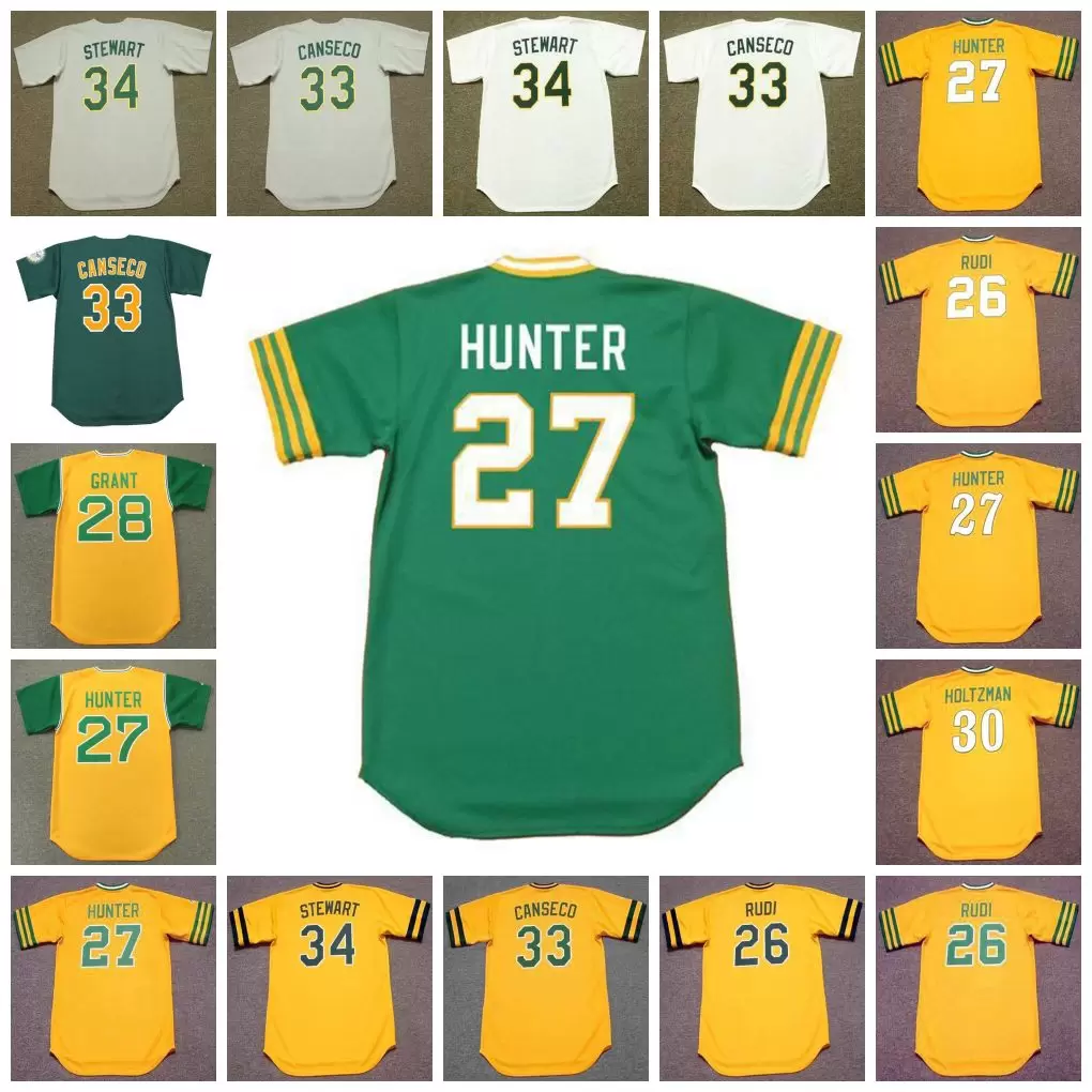 

Vintage Baseball Jersey 26 JOE RUDI 1973 27 JIM CATFISH HUNTER 1969 MUDCAT GRANT 30 KEN HOLTZMAN 1972 33 JOSE CANSECO 1986 34 DAVE STEWART, 26 joe rudi 1974 yellow
