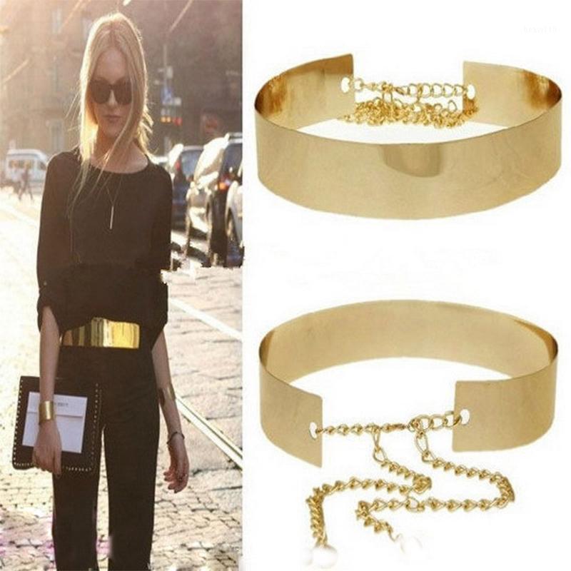 

Wholesale- 1PC 66cm Women Belts Waistbands Punk Full Metal Mirror Waist Belt Metallic Gold Plate Wide Cummerbunds With Chains Lady DP671419, Black