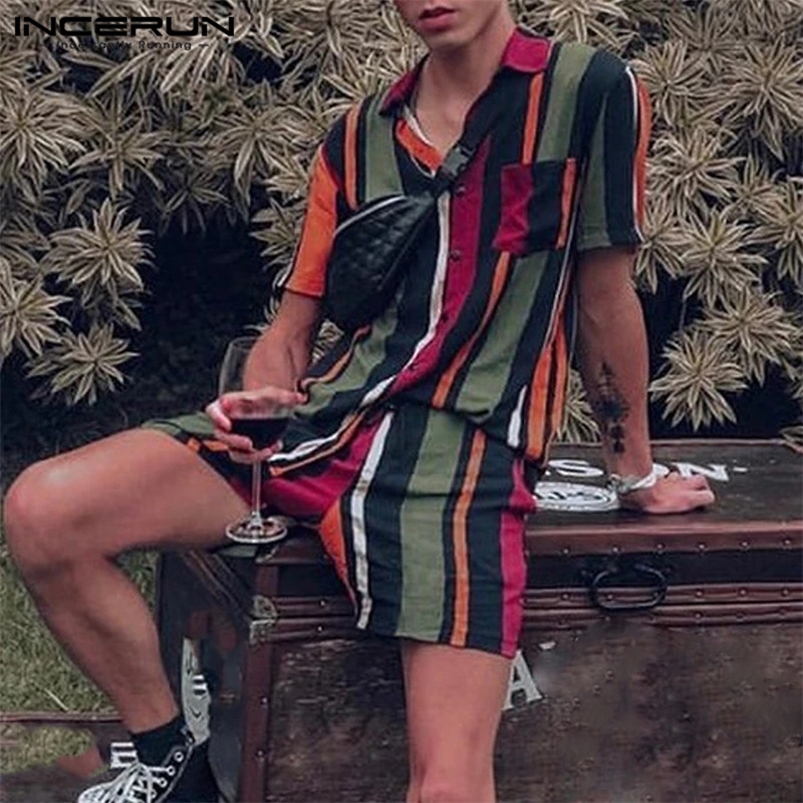 

INCERUN Fashion Printed Men Sets Short Sleeve Lapel Shirt Casual Shorts Streetwear Summer Beach Hawaiian Suit 2 Pieces 220615, Yellow