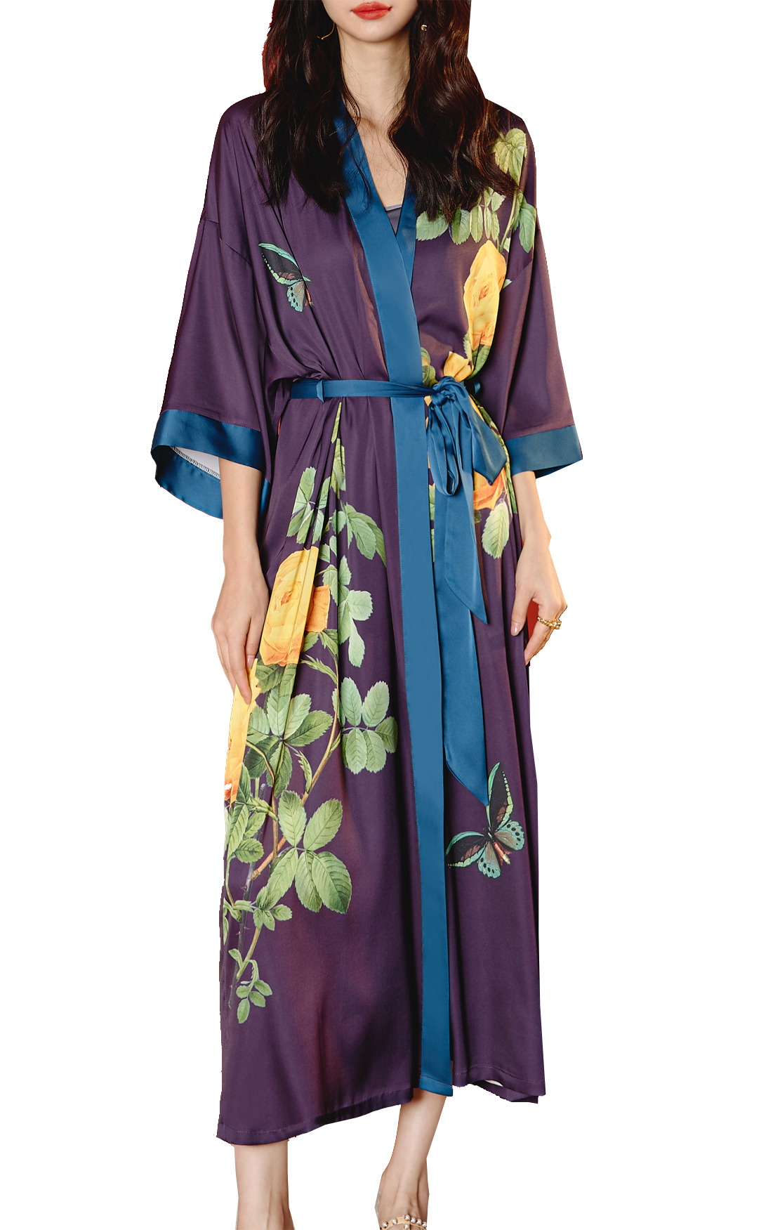 Frauen Satin Nachtwäsche Kimono Dressing Kleid elegante lange Hochzeit Brautjungfern Robe Nightwear Nightwear gegen Hals drei Viertelhülle Belt Loungewear Pyjamas