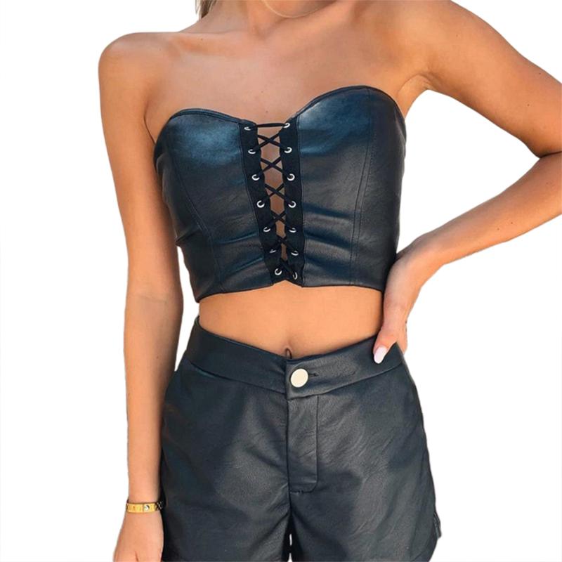 

Women' Tanks & Camis Stylish Faux Leather PU Lace-up Boob Tube Top Women Bandeau Strapless Sexy Push Up Crop Tops Bodycon Black Summer Stre