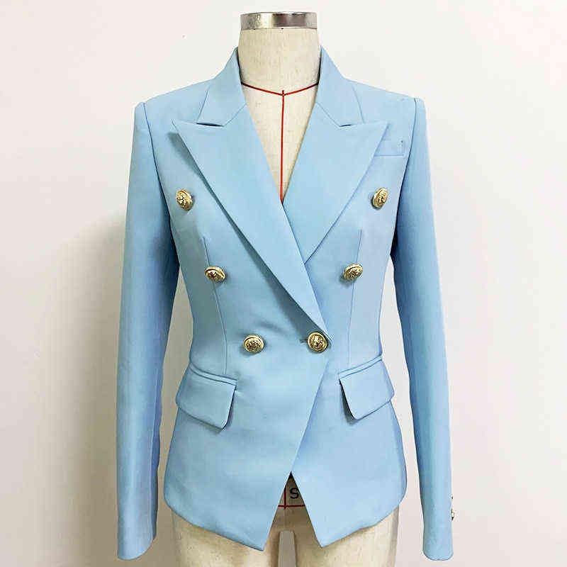 

Designer Blazer Jacket Baby Pink Blue 2021 New Female Golden Lion Double Breasted Buttons Slim Suit Business Women Blazers top J220813