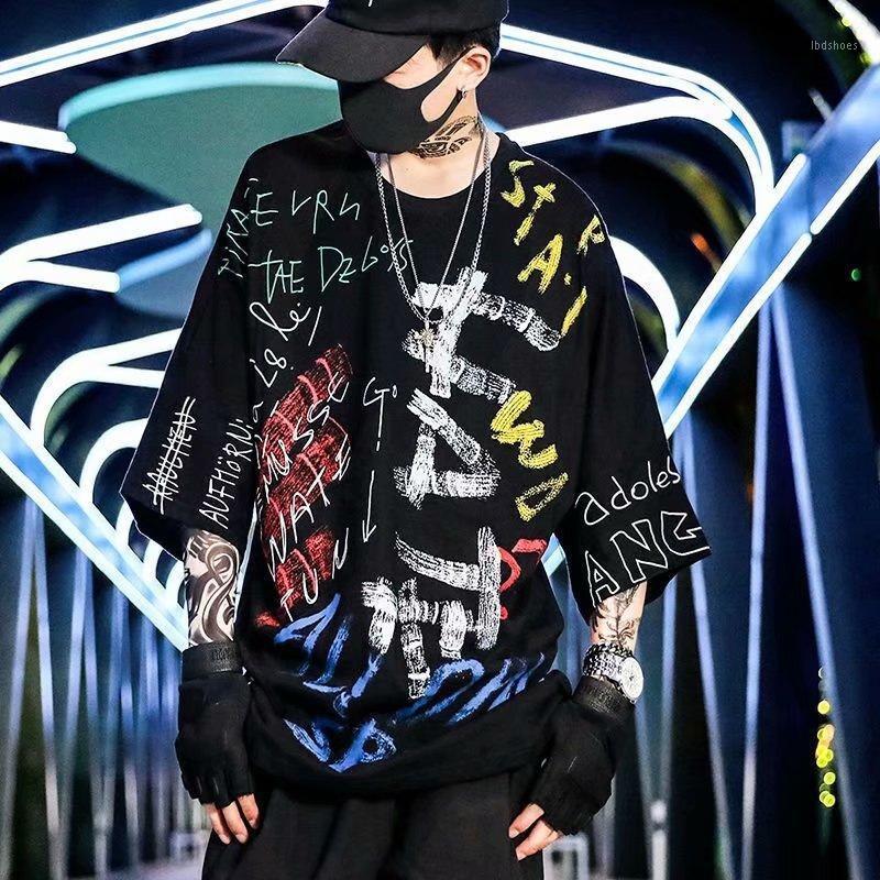 

Men' T-Shirts Summer Personality Graffiti Print 3/4 Sleeve T-Shirt Loose Hip Hop Short Top Brand Men' StreetwearMen, White