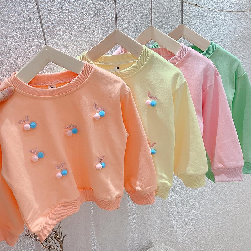

T-shirts Autumn Baby Girl Clothes Kids Long Sleeve Cherry Pompoms T Shirt Casual Pullovers Top Tees Children's SweatshirtT-shirts, Green