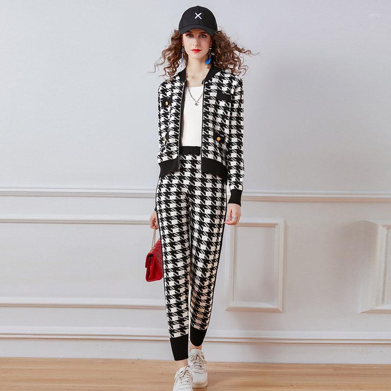 

Autumn Winter Casual Tracksuit Women Two Piece Outfit Fashion Vintage Houndstooth Knit Cardigan Sweater And Pants Suit Twinset Women' Track, Black