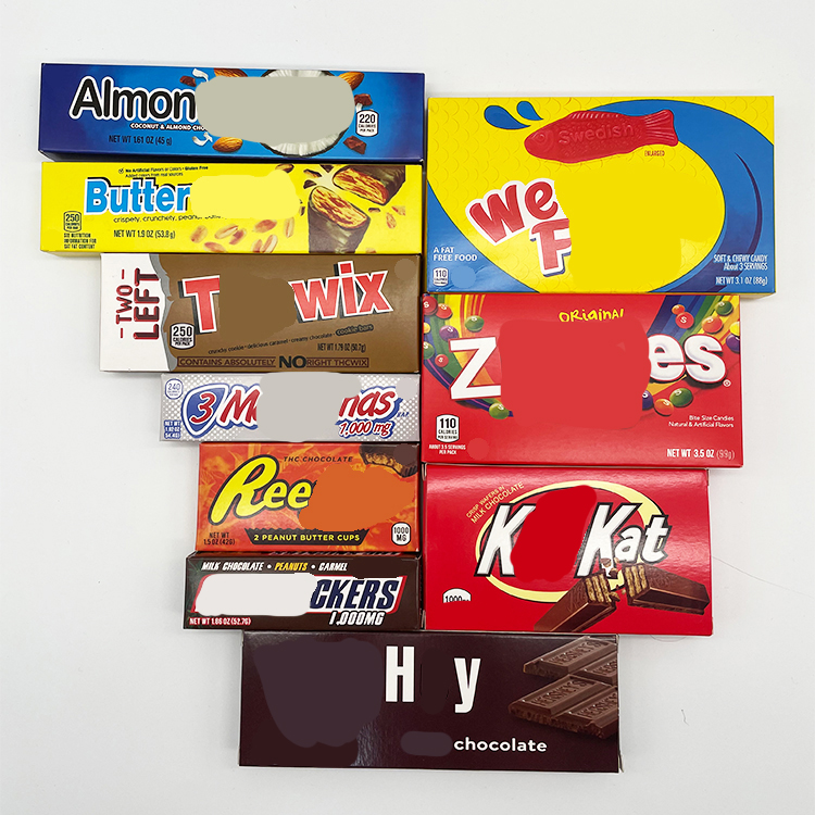 

Custom Printed paper box 1000mg cream crunch mounds kushkat znickers heyhey milk chocolate edible packaging paper boxes