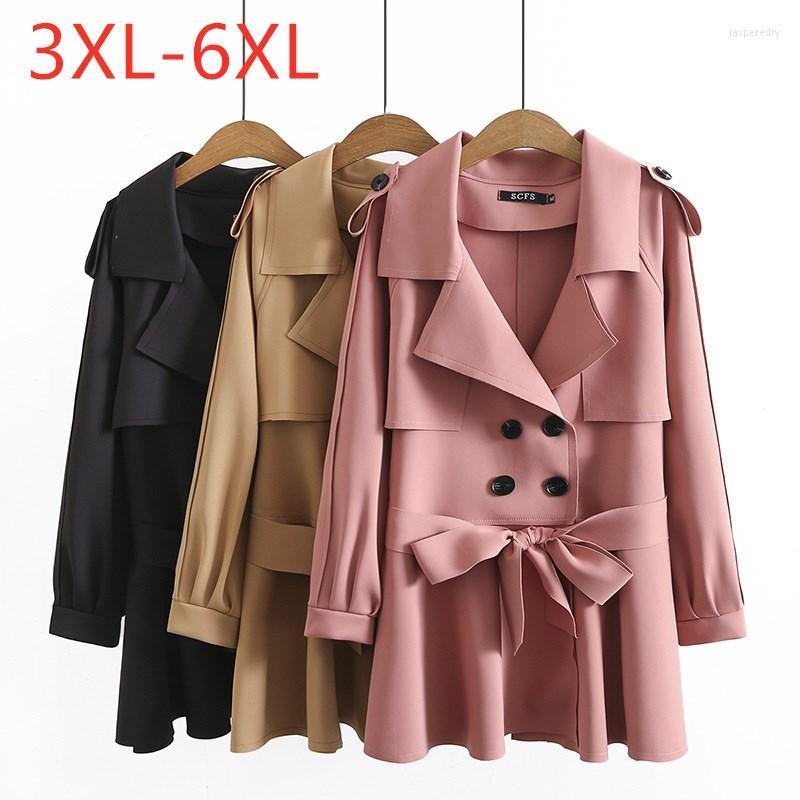 

Women's Plus Size Outerwear & Coats Ladies Autumn Winter Windbreaker For Women Large Long Sleeve Button Black Pink Belt Coat 3XL 4XL 5XL 6XL