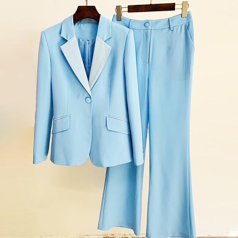 

Women' Two Piece Pants Red RoosaRosee Fashion Spring Autumn Women Turn-down Collar Single Button Blazer Flare Blue Career Twinset Suit Fema, Color