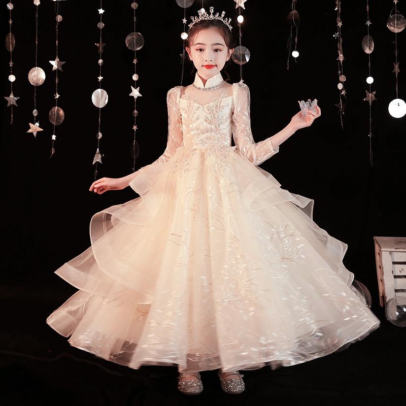 

Girl's Dresses Children Pageant With Long Sleeves Vintage High Neck Princess Ball Gown Tiered Tulle Flower Girl DressesGirl's, Champagne