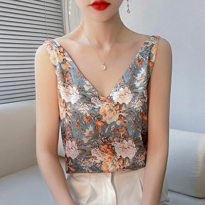 

Women's Blouses & Shirts Strap Top Women Halter V Neck Basic White Cami Sleeveless Satin Silk Tank Tops Women'S Summer Camisole Flower P, A61