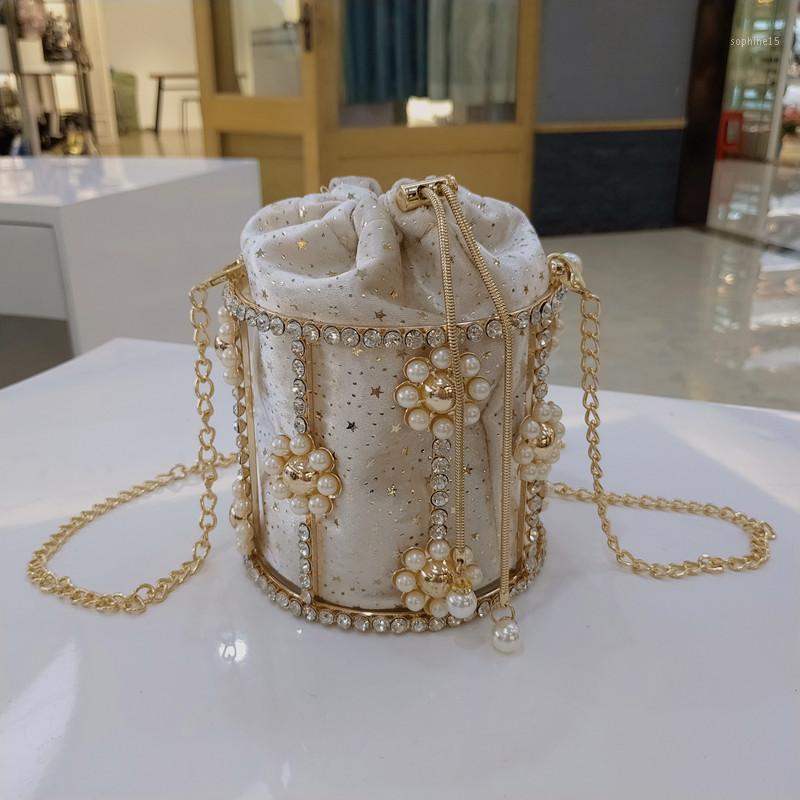 

Hollow Out Pearl Bucket Evening Bag Women Flower Handmade Alloy Metallic ClutchLadies Shoulder, Gold