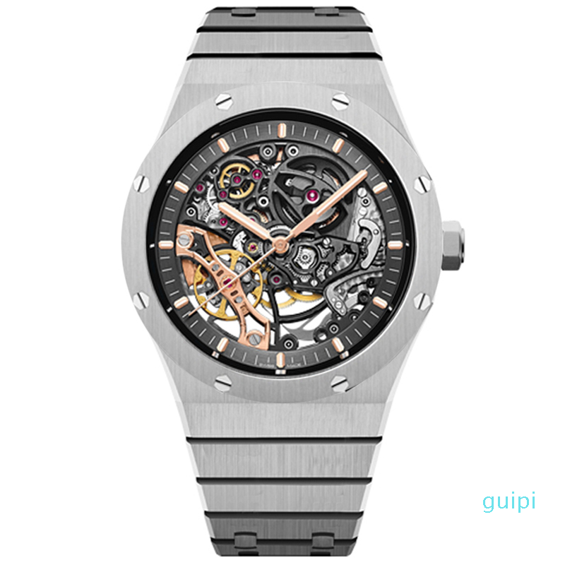 

2022 new men watch automatic mechanical hollow watches classic style 42mm full stainless steel waterproof sapphire super luminous, Rose gold strap & black dial