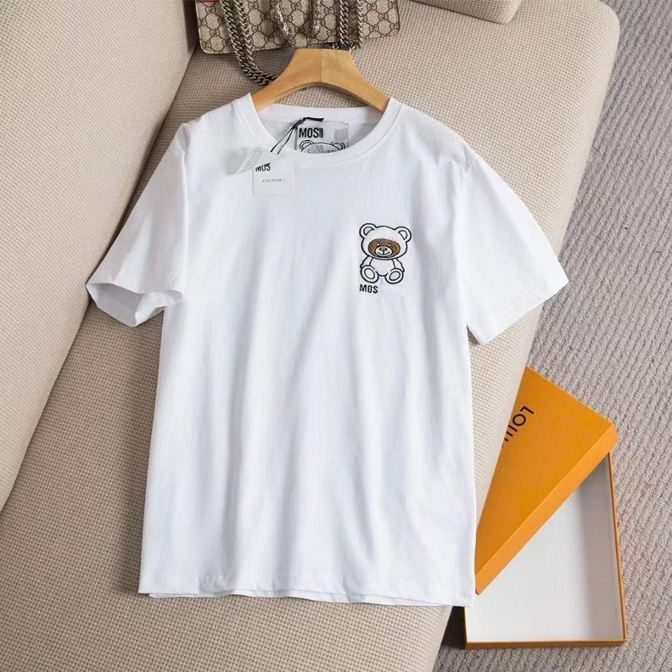 

Designer Tide Brand Mos Men' t shirt Summer Round Neck Short Sleeve Lining Classic Embroidery Bear Cotton Bottoming Pullover Couple Casual Loose Sweatshirt, White