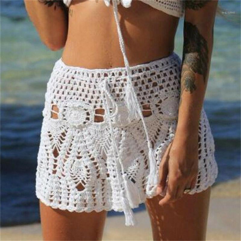 

Candy Color Handmade Cotton Knitted Crochet Mini Skirts Women Summer Hollow Out High Waist Beach Skirt White Bottoms 2022