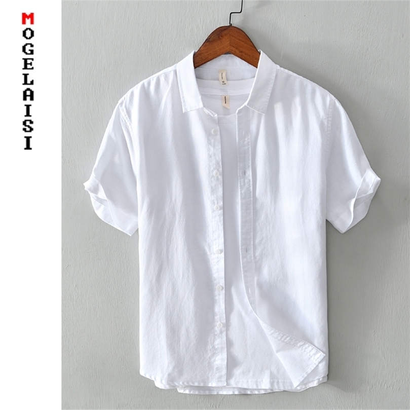 

white shirt men summer short sleeve breathable linen cotton tops solid high quality man clothing Camisa masculina 566 220527, Green