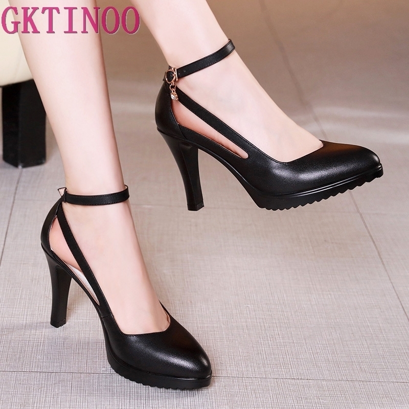 

GKTINOO Lady Pumps Pointed Toe Office Lady Pumps Buckle Strap Platform High Heels Women Shoes Four Season Leather Shoes 220402, White