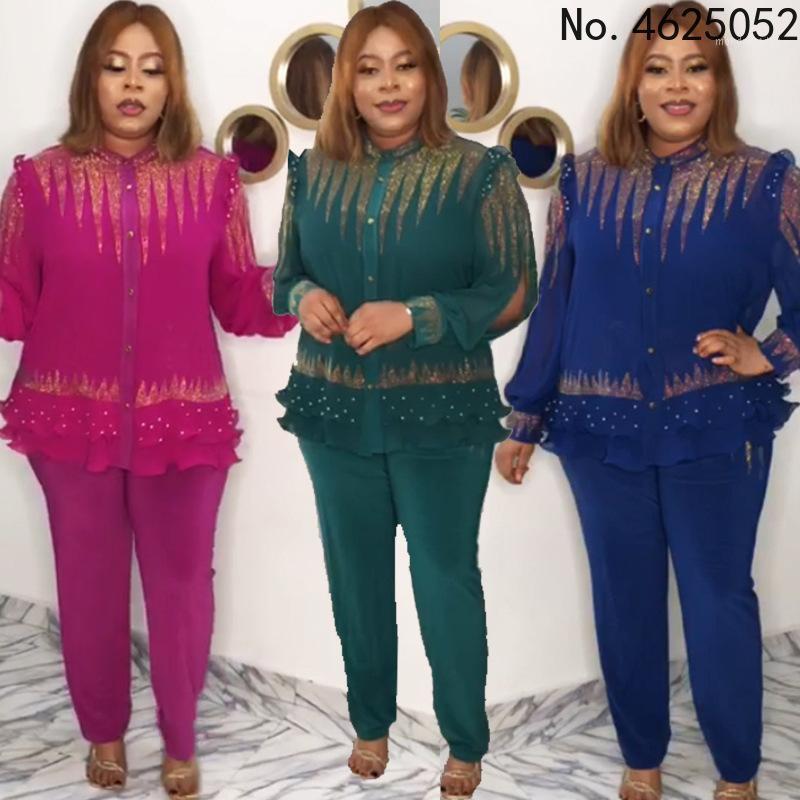 Vêtements ethniques Plus Taille Femmes Vêtements africains 2 pièces Ensemble Mode Automne Diamond Top Pantalon Pantalon Costumes Afrique Party po