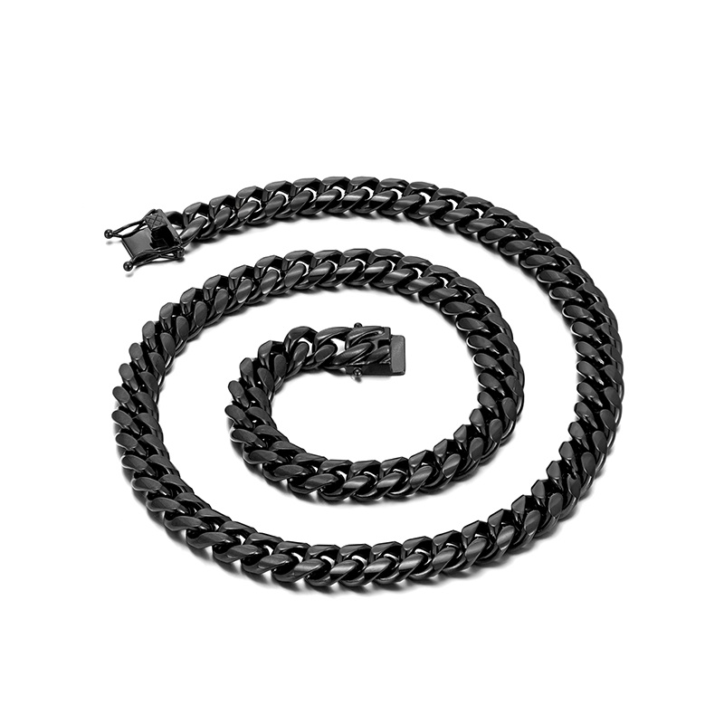 

12MM Black Cuban Link Chain Necklaces For Men Stainless Steel Miami Curb Jewelry