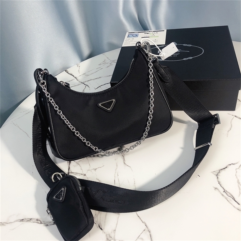 

Purse hobo single shoulder underarm bag nylon cloth cross link chain three in one women's bag same style, Classic black