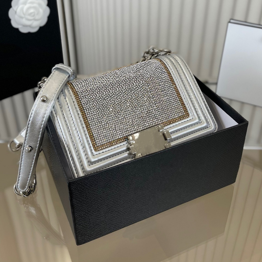 

22Ss Shiny Diamonds Designer Boys Flap Bag Leather With Rhinestones Silver Hardware bags Crossbody Classic Quilted Luxury Shimmer Womens French Handbags 20x13CM, Box