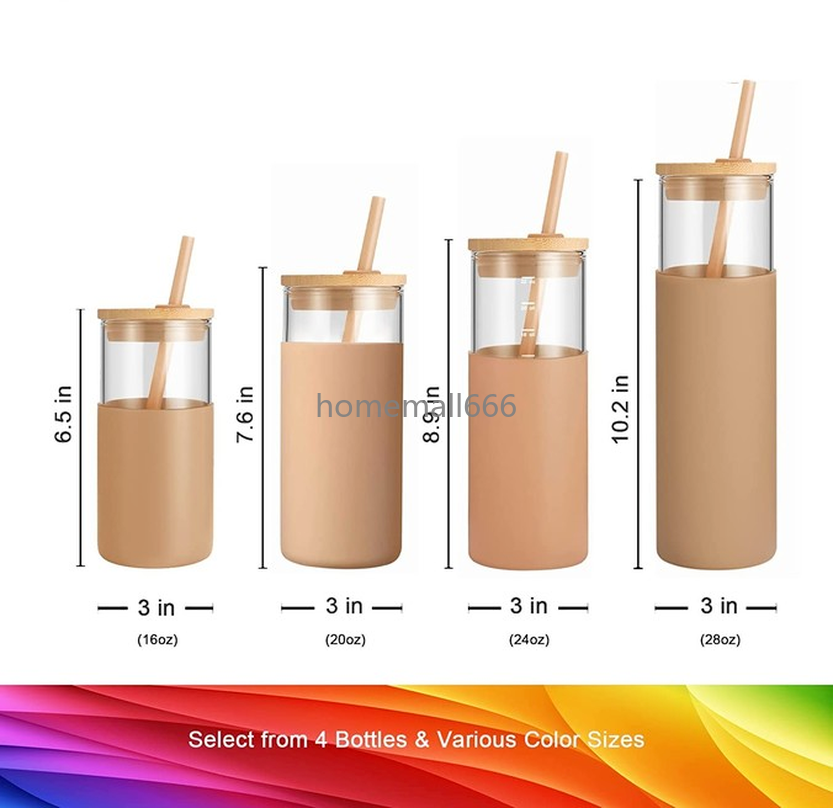 

16oz 20oz 24oz 28oz Glass Tumbler Glass Water Bottle Straw Silicone Protective Sleeve Bamboo Lid - BPA Free AA