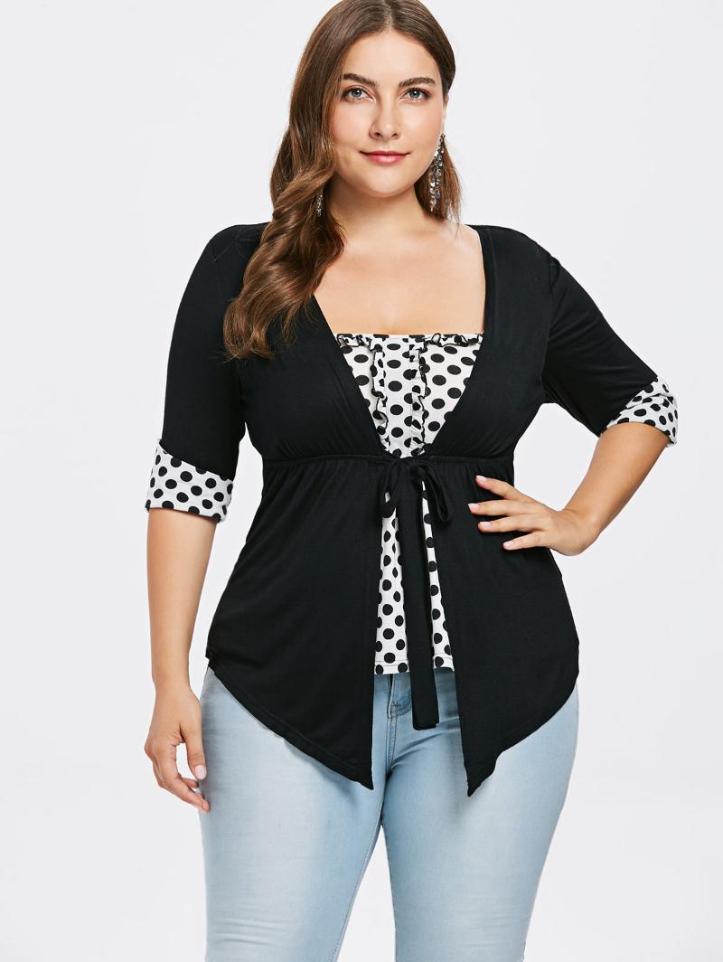 

Women's T-Shirt Wipalo Plus Size 5XL Color Block Faux Twinset Polka Dot Slim Fit Empire Waist Spring Summer Half Sleeve Tee Tops, Black