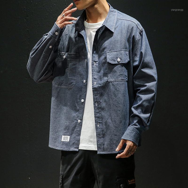 

Men's Casual Shirts 2022 Arrival Denim Loose Long Sleeve Shirt Street Fashion Student Turn-Down Collar Coat, Blue