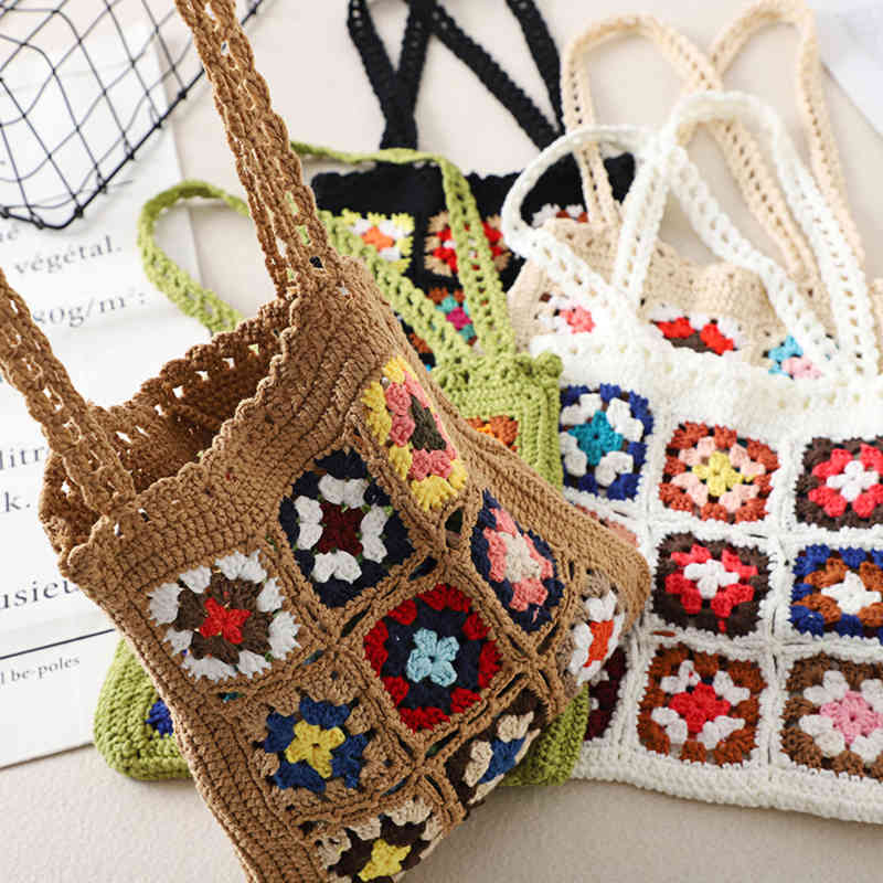 

Bohemain Crochet Women Shoulder Bags Granny Square Tote Casual Knitted Handbags Handmade Woven Summer Beach Small Purse 220705, Black