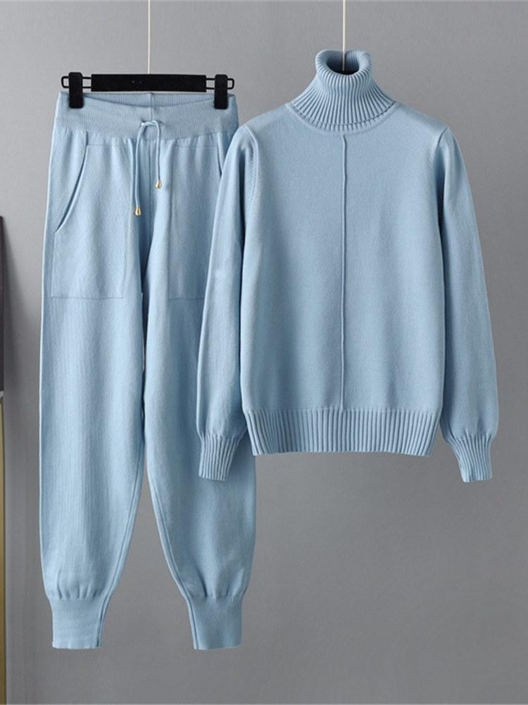 

Women's Tracksuits Pieces Sweater Set Women Knitted Turtleneck Carrot Jogging Pants Chic Pullover SuitWomen's, Black