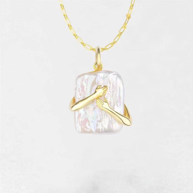 

Pendant Necklaces Couple Necklace Sterling Silver Hug Square Baroque Pearl Men's And Women's Jewelry
