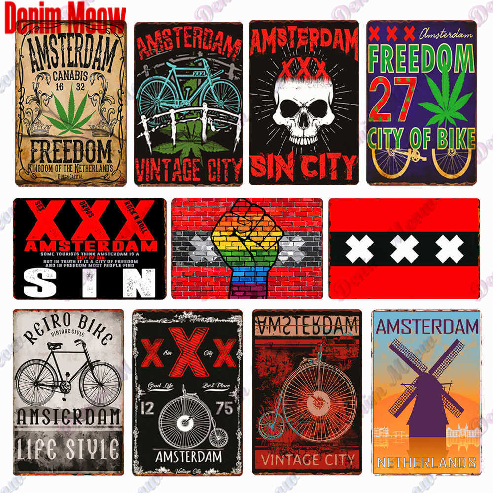 Retro Bicycle Amsterdam Metal Plate Vintage City Tin Sign XXX Freedom City of Bike Wall Art Poster Club Print Home Plaque-image-763037256