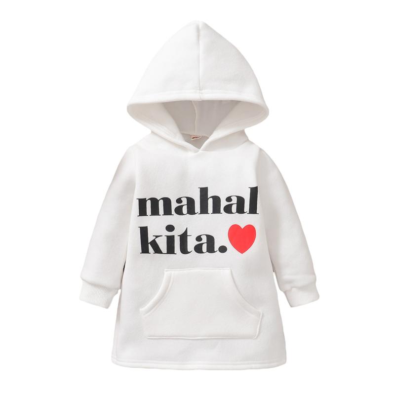 

Girl's Dresses 2022 0-6Y Autumn Baby Girls Sweatshirt Dress Toddler Letter Hearts Print Long Sleeve Hooded White Straight With Pocket, As pic