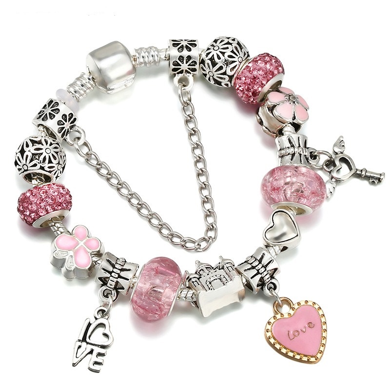 

16-21CM Charm Bracelet 925 Sterling Silver Crystal Beads Fit Pandora European Bracelets Pink Enamel Love Pendant Charm Bead Accessories DIY Jewelry