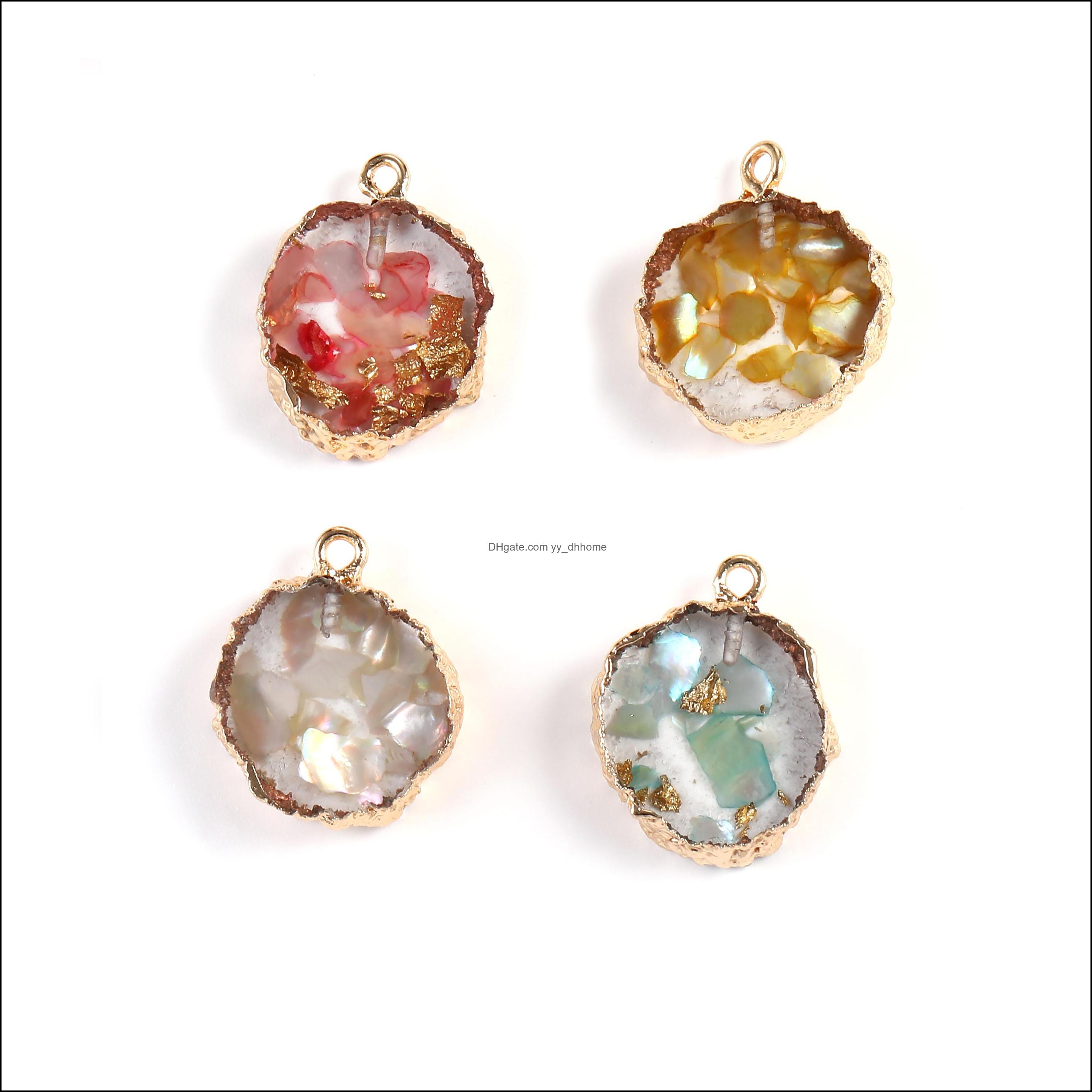 

Other Jewelry Findings Components Fashion Resin Round Stone Pendant Charm Natural Gemstone Shell Sequins Mti Color With Gold Plate Diy Mak